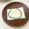 Pulsera Pequeña de Perlas Azules Frescas con Corazón Rojo Pulsera Nueva de Verano Diseño de Nicho con Personalidad Dulce y Elegante
