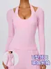 Top de yoga acanalado de manga larga ajustado estilo europeo y americano para otoño/invierno, top de fitness de alta intensidad, top de Pilates, top de running, top atlético de manga larga