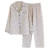 Ropa de estar para mujer de crepé de algodón puro, estilo nuevo primavera/otoño 2026, con cuello, estampado floral, manga larga, pantalón largo, pijama casual para casa
