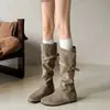 Botas Altas Retro de Piel Suave para Mujer con Tacón Oculto Estilo Nuevo Arrugadas de Caña Alta Uso Bidireccional Apiladas Botas Altas de Otoño