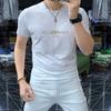 Camisa de verano de manga corta con cuello redondo para hombre, de algodón mercerizado, cómoda, transpirable, ajustada, de media manga, con letras de diamantes de imitación, a la moda
