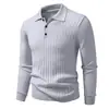 Suéter Masculino de Tricô com Listras Verticais e Gola Polo para Outono, Pulôver Casual de Manga Longa, Suéter Henley Liso