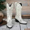 Botas de vaquero occidentales de tacón alto con bordado blanco estilo europeo para mujer, botas de motociclista de media pantorrilla, botas de caballero retro, zapatos de moda modernos