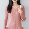 Camiseta básica de punto de manga larga de algodón puro para mujer, suéter de cuello en V, corte ajustado, adecuada para usar como prenda exterior o para capas, nuevo top de punto