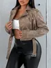 Chaqueta de Cuero Casual Versátil de Moda para Mujer, Holgada, de Cintura Alta, con Cremallera Corta