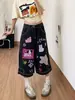 Shorts jeans retos pretos de cintura alta com estampa estilo americano para afinar o corpo, calças cropped estilo hot girl da moda de rua para o verão de 2026