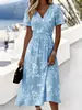 2026 Nuevo Estilo Transfronterizo Patrón Retro 3D Manga Corta Cuello en V Adelgazante Falda Larga Vestido Mediano Largo Vestido Floral