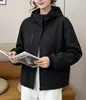 Jaqueta curta com capuz para mulheres, estilo coreano de outono, corte solto para figuras petites, jaqueta de trabalho casual com zíper, roupas femininas