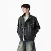 Jaqueta de Couro para Motociclista High Street Americana Masculina, Marca da Moda, Corte Amplo, Acolchoada, À Prova de Vento, Jaqueta Estilosa Curta com Gola Alta em Couro PU