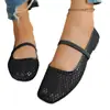 Sandálias femininas de verão, novo estilo, de fundo reto, bico quadrado, baixas, com design de rede de peixe vazada trançada e tira única, tamanho 43