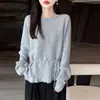 Suéter de Tricô de Lã Pura Off-Shoulder Novo Inverno 2026 para Mulheres, Manga Longa, Cor Sólida, Suéter de Lã com Design de Amarração