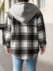Chaqueta con capucha de cuadros blancos y negros estilo europeo y americano de longitud media para mujer, sudadera tipo cárdigan casual de otoño de un solo botón suelta