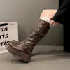 Botas largas vintage con forro de polar para mujer, nuevas botas Maillard de invierno 2026, botas de montar de suela gruesa, botas de caña alta ajustadas