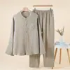 Pijama de Algodão Puro com Textura Plissada em Gaze Dupla, 60 Contagens, Manga Longa para Casal, Roupa de Casa, Conjunto Elegante e Descontraído