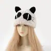 Gorro de Peluche Hecho a Mano con Orejas de Gato de Ojos Grandes Estilo Dibujo Animado Transfronterizo para Mujer, Gorro Cálido a Prueba de Frío para Otoño e Invierno que Protege los Oídos, Gorro de Punto para Adelgazar la Cara