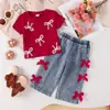 Roupas Infantis para Exportação Estilo Europeu e Americano Verão 2026 Top Canelado Vermelho com Laço e Calça Jeans para Crianças Pequenas