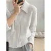 Suéter Cardigan de Gola Polo em Cashmere Feminino Outono Inverno Design de Roupa Nicho Cardigan de Tricô Preguiçoso Jaqueta