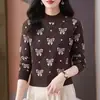 Suéter Jacquard de Gola Alta Meia-Calça Feminino Curto Outono e Inverno Moda Elegante Estilo Solto Top com Gola Alta Malha Base