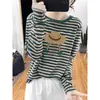 Camiseta de manga longa com design listrado em algodão puro para mulheres, top versátil moda estilo coreano, camiseta básica, novo modelo outono 2026