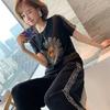Pantalones Deportivos Casuales con Pedrería de Margarita Pequeña para Mujer 2026 Verano Nueva Moda Talla Grande Suelto Conjunto de Dos Piezas de Manga Corta