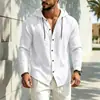 Camisa masculina de manga longa com capuz de cor sólida, cardigã casual com toque de linho, top de proteção solar para praia de caimento solto