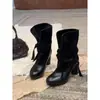 Coleção nova e moderna de outono e inverno de 2026: botas de moda femininas com bico redondo, cadarço, salto grosso, estilosas e elegantes, com efeito emagrecedor, botas de cano médio e botins