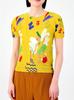 Top plisado con estampado de dibujos animados para mujer, diseño fino, estampado elástico de nicho, corte ajustado, camiseta básica adelgazante para mujer