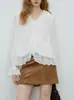 Camisa Elegante Relajada de Manga Larga con Cuello en V Fruncido de Encaje Pesado Estilo Romántico/Francés de Tencel Countonme