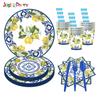 Porcelana Azul y Blanca Limón Fruta Fiesta de Cumpleaños Vajilla Vaso de Papel Desechable Plato de Papel Servilleta de Papel Cuchillo, Tenedor y Cuchara Accesorios de Diseño