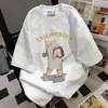 Camiseta de Manga Corta de Algodón Puro con Estampado Divertido de Gato de Marca de Moda 2025 Verano Casual Holgada Versátil para el Trabajo Top Resistente