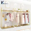 Estante de Exhibición para Tienda de Ropa, Estante de Exhibición de Pie para Colgar de Lado en Tienda de Ropa para Mujer, Estante de Arte de Hierro, Estante de Ropa de Doble Capa Color Dorado