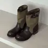 Primer Encuentro con las Botas de la Temporada: Botas Vaqueras Occidentales para Mujer con un Diseño Elegante, Punta Redonda Verde, Hebilla de Cuero, Estilo Slip-On, Tacón Grueso, Botines