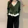 Suéter de Punto de Manga Larga Falso de Dos Piezas Verde Nuevo para Mujer Primavera y Otoño con un Elegante Diseño de Cuello en V con Volantes