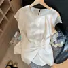 Top de Satén de Acetato Beige con Pliegues y Perlas Estilo Francés para Mujer, Nueva Camisa Elegante de Verano 2025 que Ceñe la Cintura