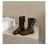 Botas de Salto Grosso Retrô de Cano Médio Botas de Cavaleiro Calçados Femininos 2026 Nova Coleção Primavera/Outono Botas Franzidas Moda Versátil Botas de Moda