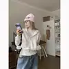 Jaqueta de moletom curta cinza para mulheres, novo estilo outono e inverno, cardigã com capuz estilo americano, acinturado, top com forro de fleece, conjunto estilo coreano