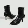 Botines de Punta Aguda Europeos y Americanos al por Mayor para Mujer, Doble Hebilla de Cuero, Tacón de Aguja, Elásticos, Adelgazantes, Botas de Moda de Tacón Alto para Otoño e Invierno