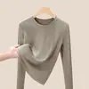 Camiseta fina de punto Mousse con estampado de bambú y cuello redondo para mujer, nuevo producto Otoño 2026, contiene algodón peinado, top de manga larga, corte ajustado y adelgazante, camiseta básica