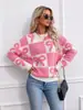 Suéter Jacquard Bordado en Toalla Nuevo Otoño/Invierno Estilo Europeo y Americano para Mujer Lazo Rosa Cuello Redondo Punto Holgado Pullover
