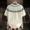 Top de Malha Curta Jacquard Estilo Étnico Fair Isle Retrô Masculino Japonês Tendência Casual Versátil Camiseta de Meia-Manga