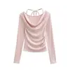 Camiseta Básica Ajustada de Manga Larga Estilo Puro Deseo Chica Picante para Mujer con Escote Drapeado, Camiseta de Cachemir con Lazos Off-Shoulder y Detalles Fruncidos