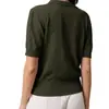 Camisa de Tricô Fina de Verão para Mulheres, Gola Polo Manga Curta, Verde Militar, Ajuste na Cintura, Emagrecedor, Top Versátil para o Dia a Dia