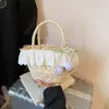 Bolsa Cesta de Legumes Pequena Fresca de Mão, Bolsa Trançada de Renda Fofa de Menina para o Verão, Bolsa Transversal Estilo Resort à Beira-Mar