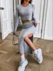 Conjunto de Saia Casual Slim Fit de Cor Sólida com Gola Redonda e Manga Longa com Fenda Lateral - Roupas Femininas Transfronteiriças Europeias e Americanas Outono e Inverno 2026