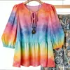 Temu Amazon Novo Produto Camiseta Tie-Dye Estampada Digitalmente 3D Camisa Azul Gradiente Manga Média Solta Roupas Femininas Atacado