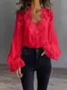 Camisa feminina de renda com retalhos e mangas bufantes plissadas, marca independente europeia e americana, 2026