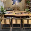 Mesa de Té de Madera de Alcanfor con Flujo de Agua, Paisaje Integrado de Acuicultura Circulante, Mesa de Té y Sillas de Madera Maciza China Zen para Oficina, Combinación