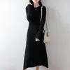 Vestido Largo de Punto Trenzado 100% Lana para Mujer, Cuello Redondo, Manga Larga, Jersey, Casual, Versátil Vestido de Cachemira de Corte A