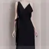 Ropa de Otoño y Verano para Mujer Europea y Americana, Vestido Vintage Perla Negro Ajustado con Cuello en V, Vestido de Tirantes Ligero y Maduro 8781