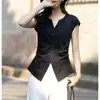 Camiseta Elegante de Gola V com Manga Curta Estilo Francês para Mulheres, Novo Modelo de Verão com Fenda Assimétrica, Cintura Franzida, Efeito Emagrecedor, Adequada para o Trabalho